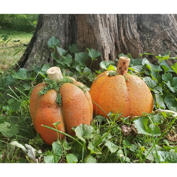 Set of (2) Hypertufa Hand Painted Pumpkins, Handmade Cement Pumpkins - Picture 1 of 8